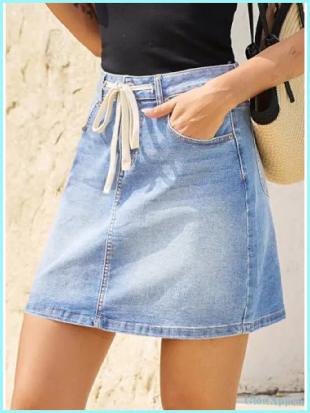 High Waist Drawstring Stretchy Mini Jean Skirt with Pockets Casual Summer